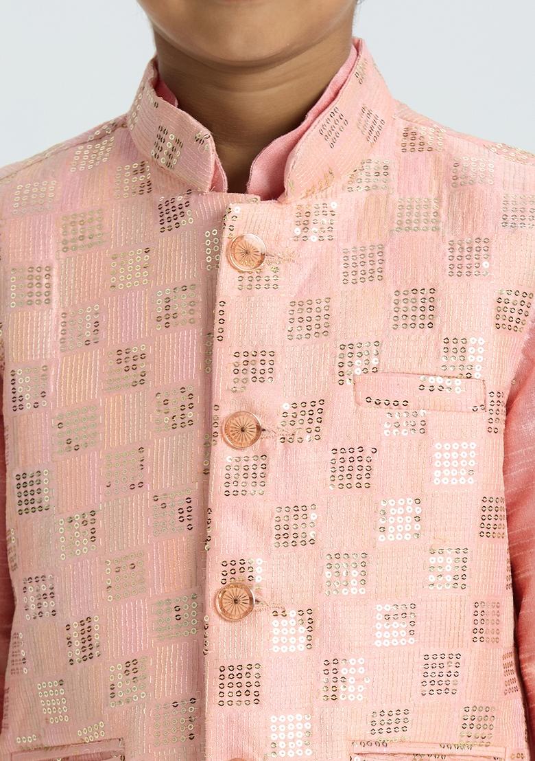 Pink Embroidered Art Silk Nehru Jacket Set For Boy