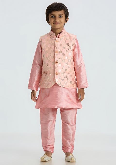 Pink Embroidered Art Silk Nehru Jacket Set For Boy