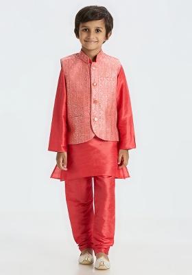 Red Embroidered Art Silk Nehru Jacket Set For Boy