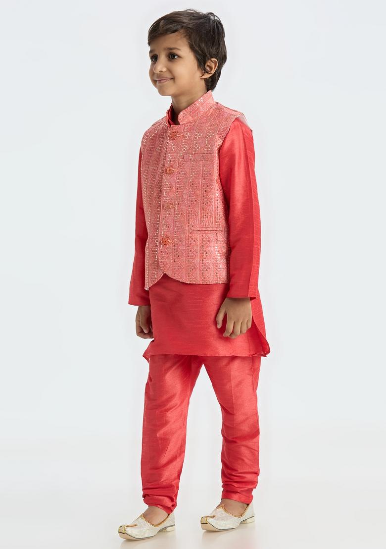 Red Embroidered Art Silk Nehru Jacket Set For Boy