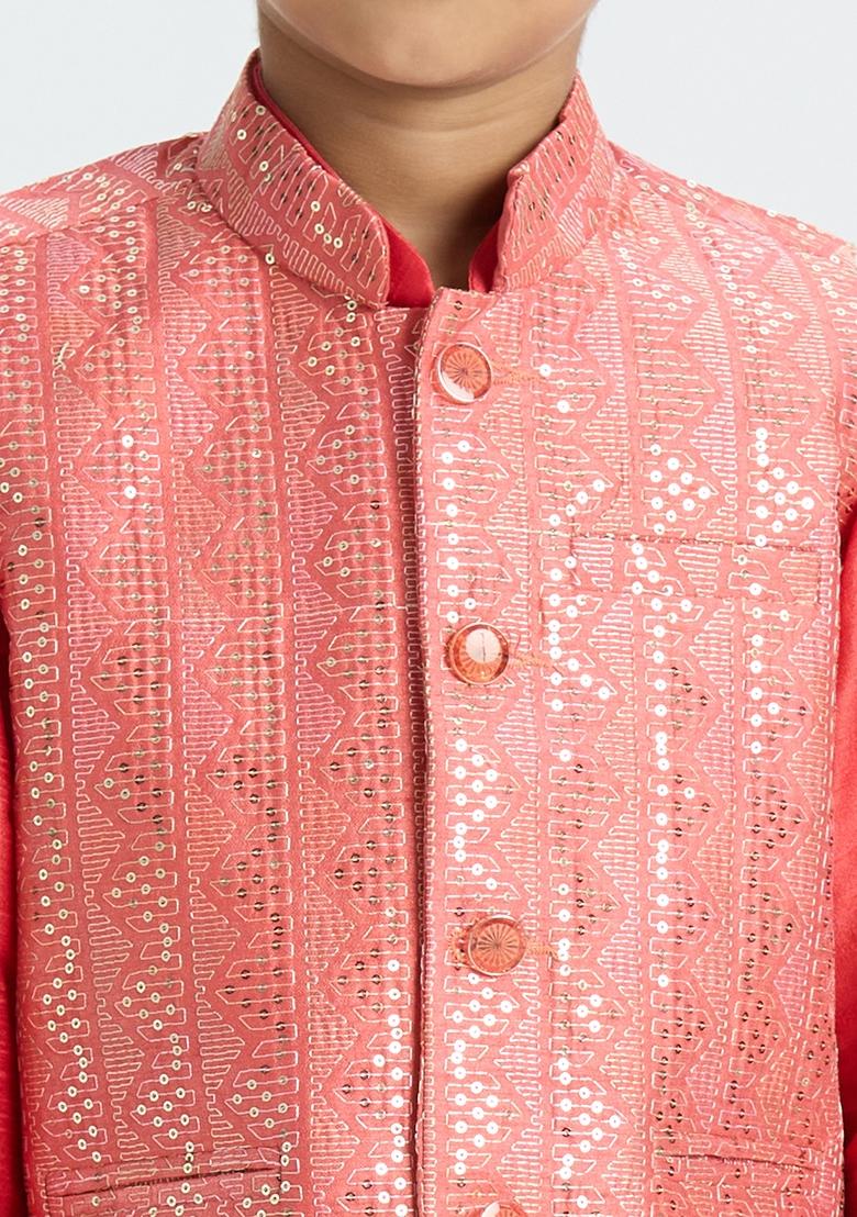 Red Embroidered Art Silk Nehru Jacket Set For Boy