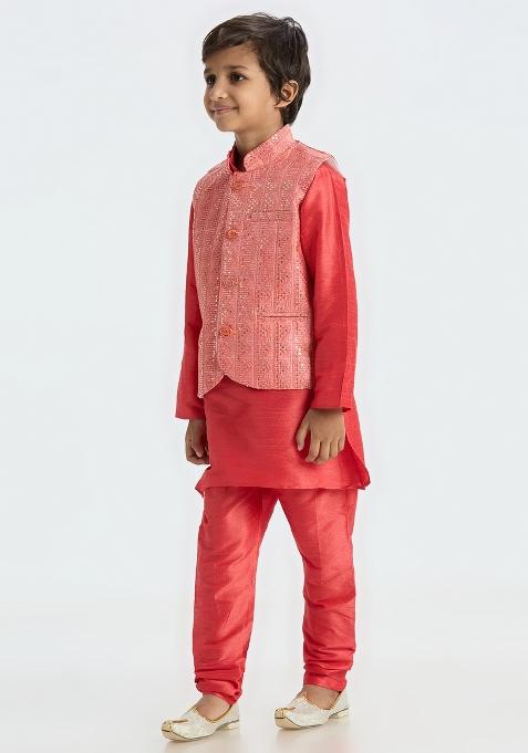 Red Embroidered Art Silk Nehru Jacket Set For Boy