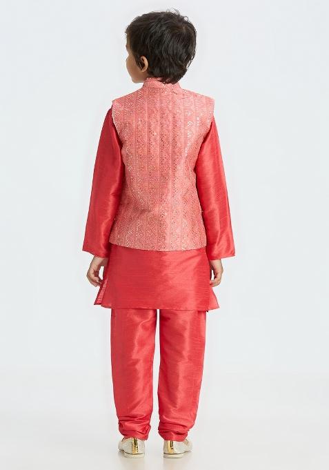 Red Embroidered Art Silk Nehru Jacket Set For Boy