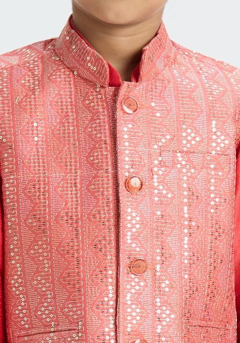 Red Embroidered Art Silk Nehru Jacket Set For Boy