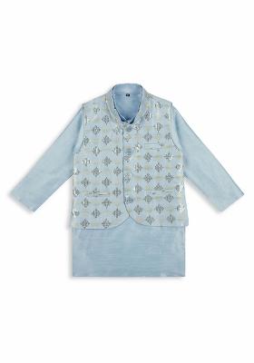 Sky Blue Embroidered Art Silk Nehru Jacket Set For Boy