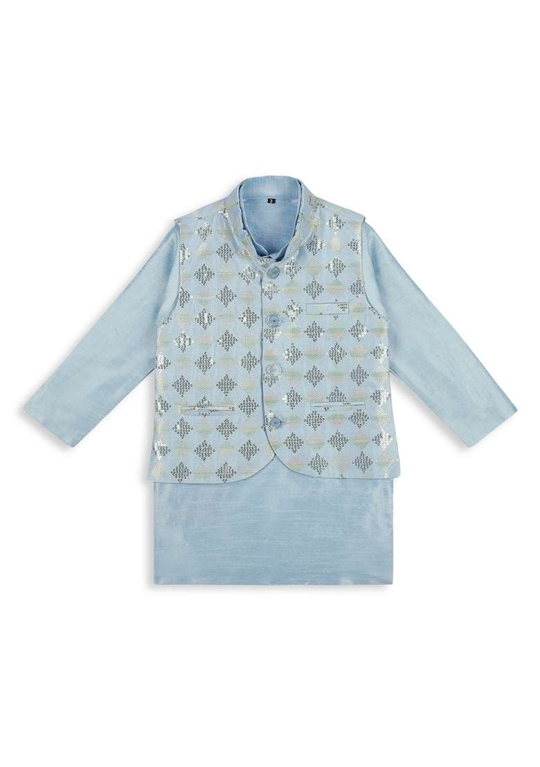 Sky Blue Embroidered Art Silk Nehru Jacket Set For Boy - Indya