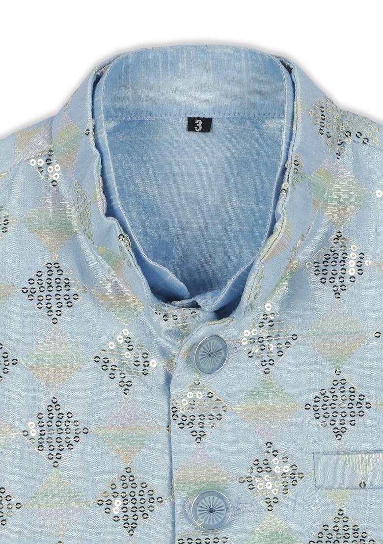Sky Blue Embroidered Art Silk Nehru Jacket Set For Boy