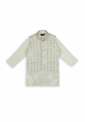 Cream Embroidered Art Silk Nehru Jacket Set For Boy