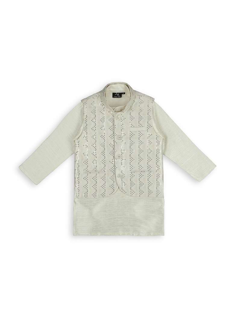 Cream Embroidered Art Silk Nehru Jacket Set For Boy - Indya