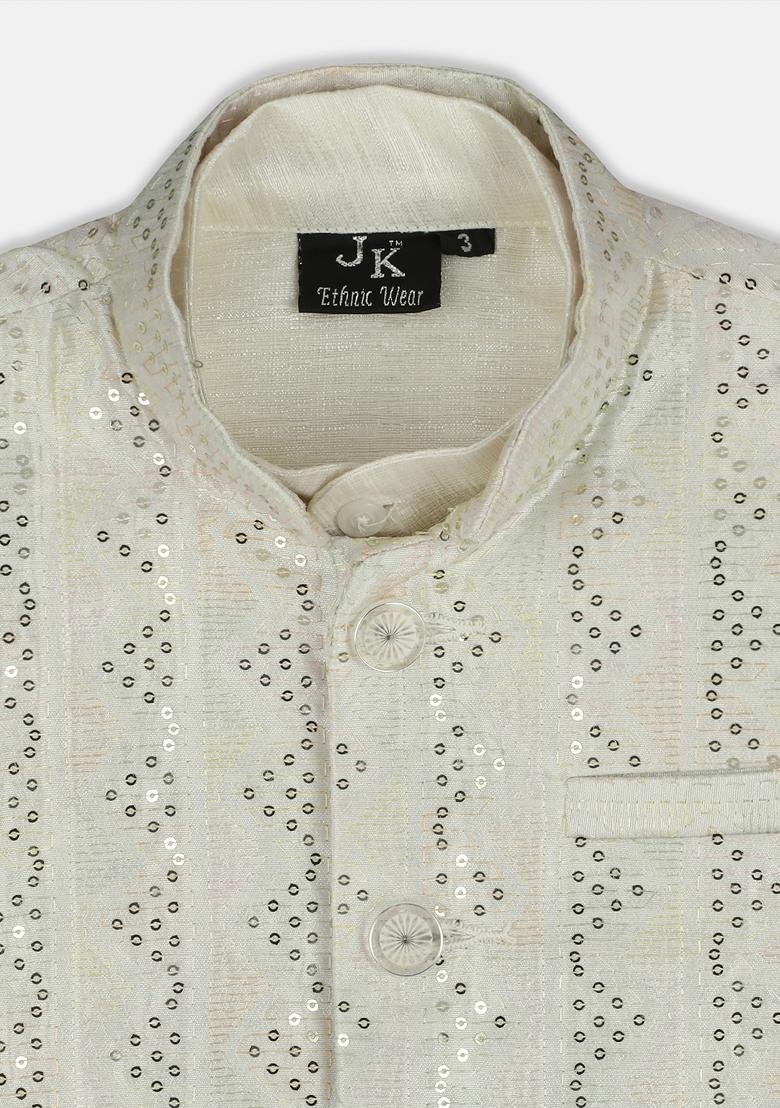 Cream Embroidered Art Silk Nehru Jacket Set For Boy