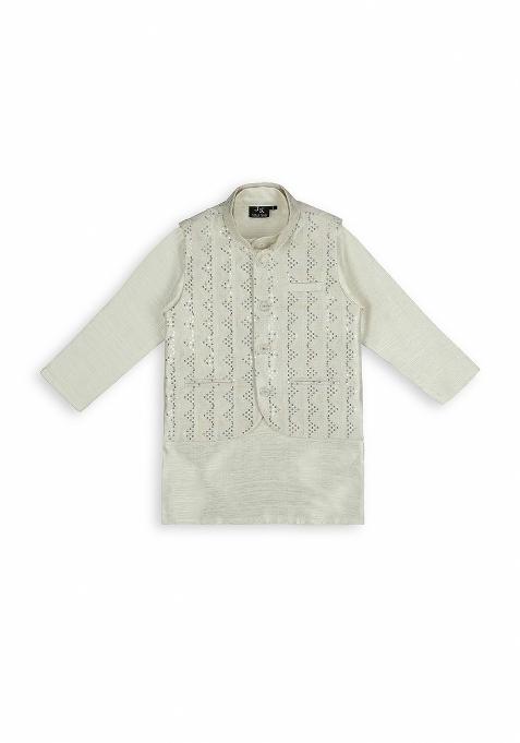 Cream Embroidered Art Silk Nehru Jacket Set For Boy