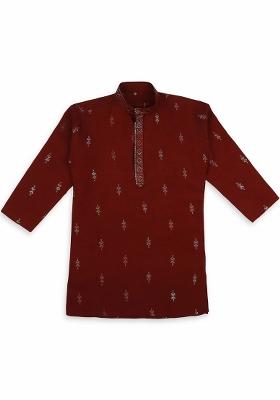 Maroon Embroidered Silk Blend Kurta Set For Boy