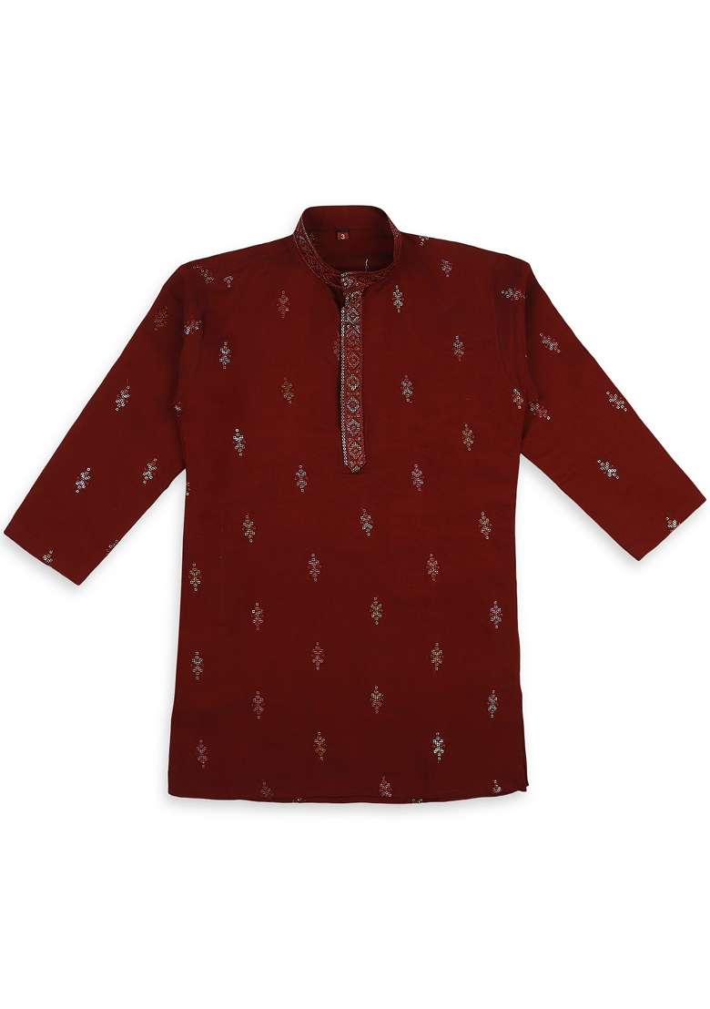 Maroon Embroidered Silk Blend Kurta Set For Boy - Indya