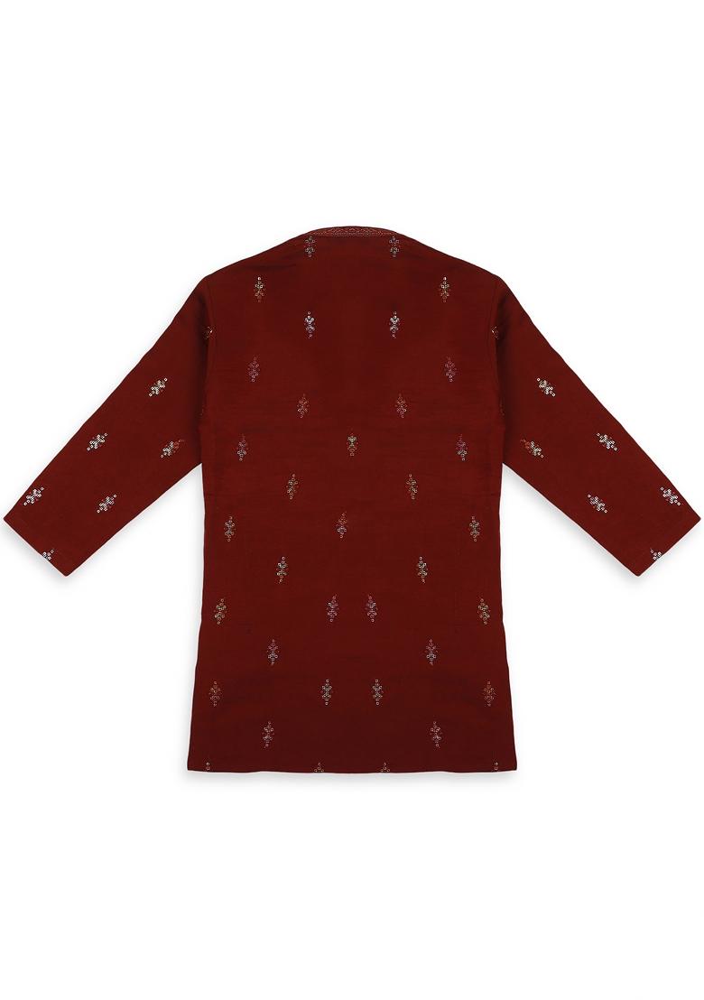 Maroon Embroidered Silk Blend Kurta Set For Boy
