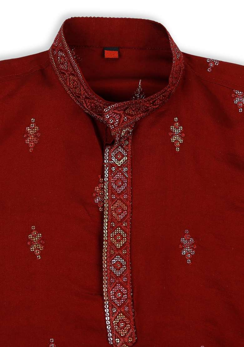 Maroon Embroidered Silk Blend Kurta Set For Boy - Indya