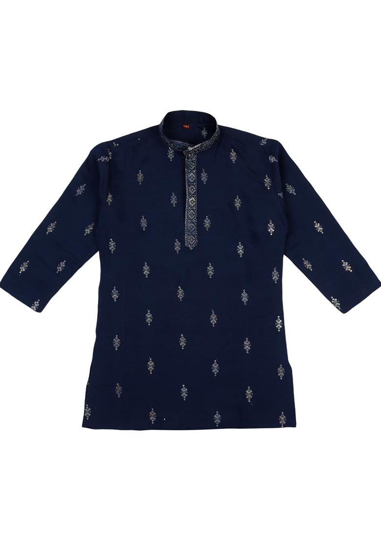 Blue Embroidered Silk Blend Kurta Set For Boy