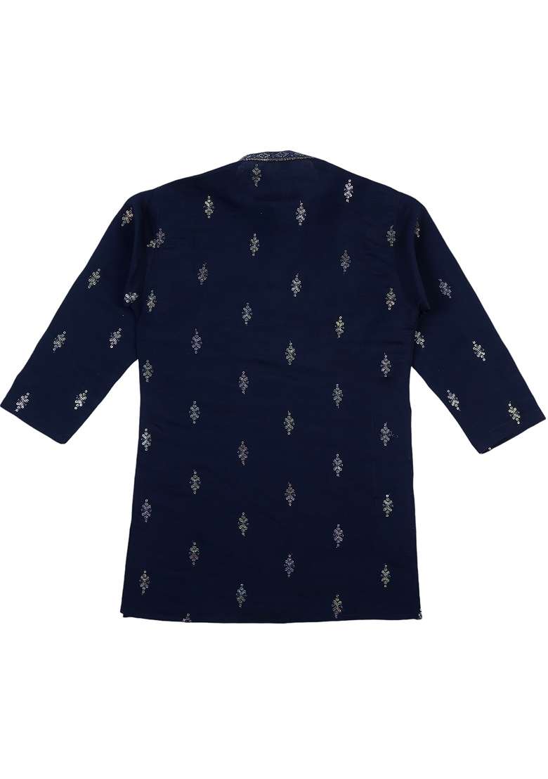 Blue Embroidered Silk Blend Kurta Set For Boy - Indya