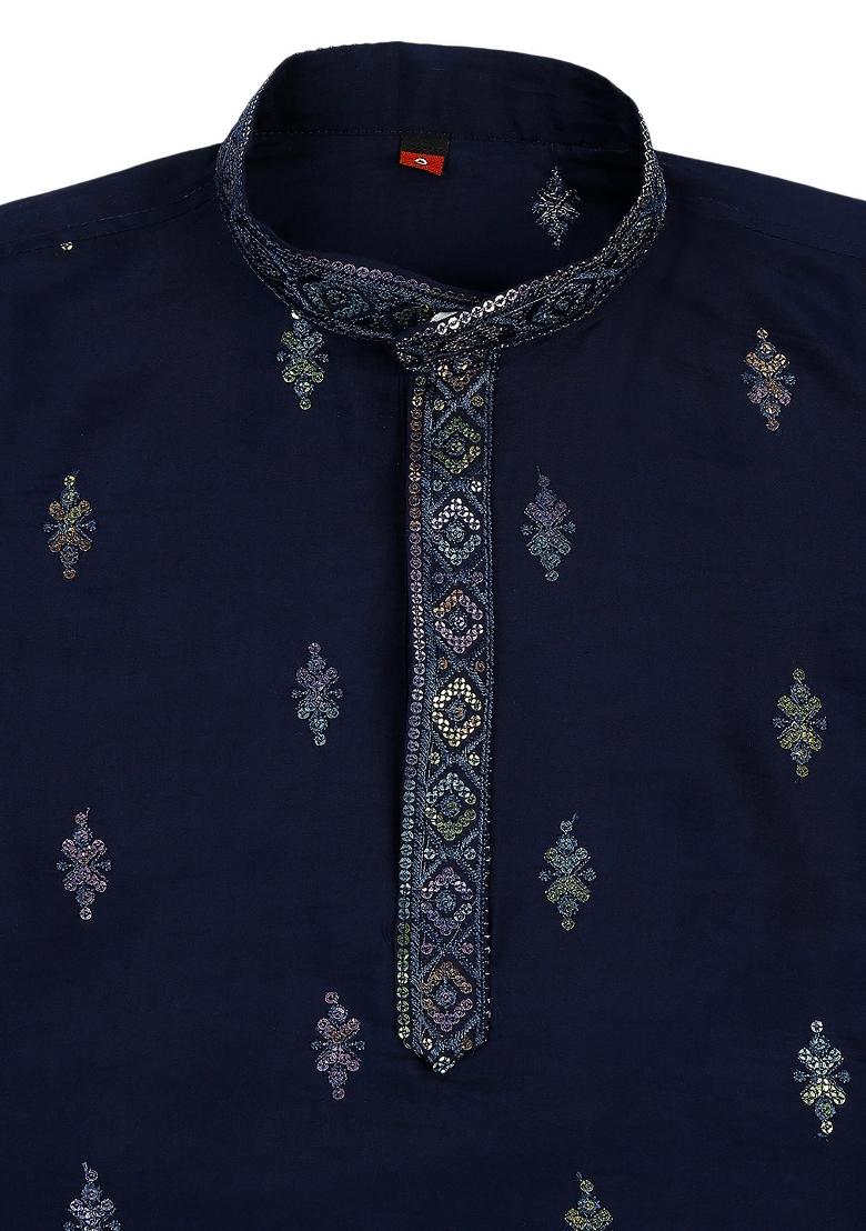 Blue Embroidered Silk Blend Kurta Set For Boy