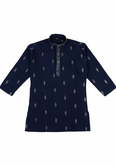 Blue Embroidered Silk Blend Kurta Set For Boy