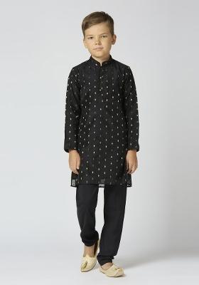 Black Butta Work Art Silk Kurta Set For Boy