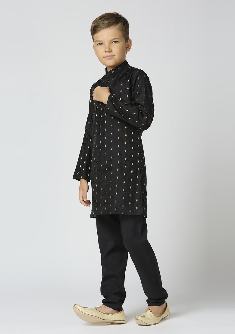 Black Butta Work Art Silk Kurta Set For Boy