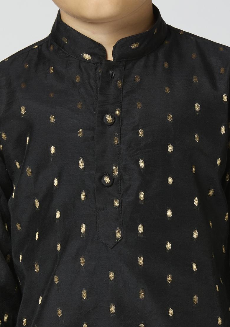 Black Butta Work Art Silk Kurta Set For Boy