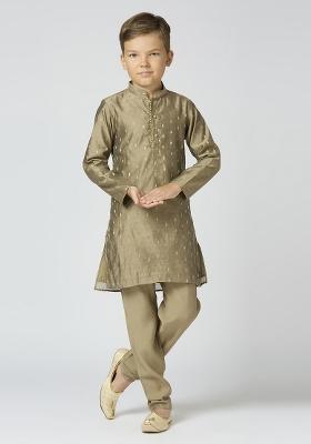 Grey Butta Work Art Silk Kurta Set For Boy