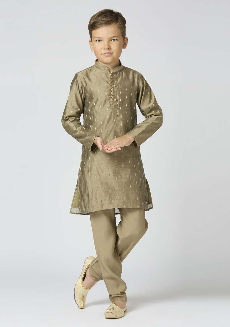 Grey Butta Work Art Silk Kurta Set For Boy - Indya