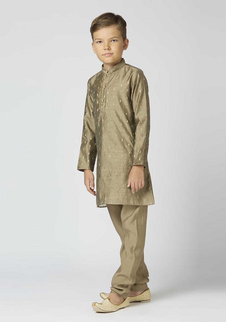 Grey Butta Work Art Silk Kurta Set For Boy
