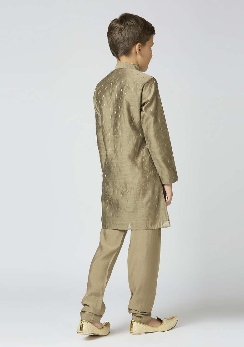 Grey Butta Work Art Silk Kurta Set For Boy - Indya