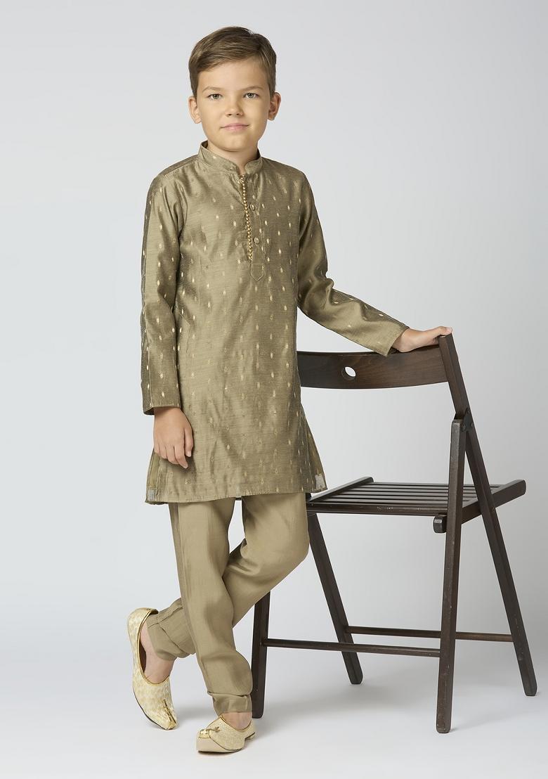Grey Butta Work Art Silk Kurta Set For Boy
