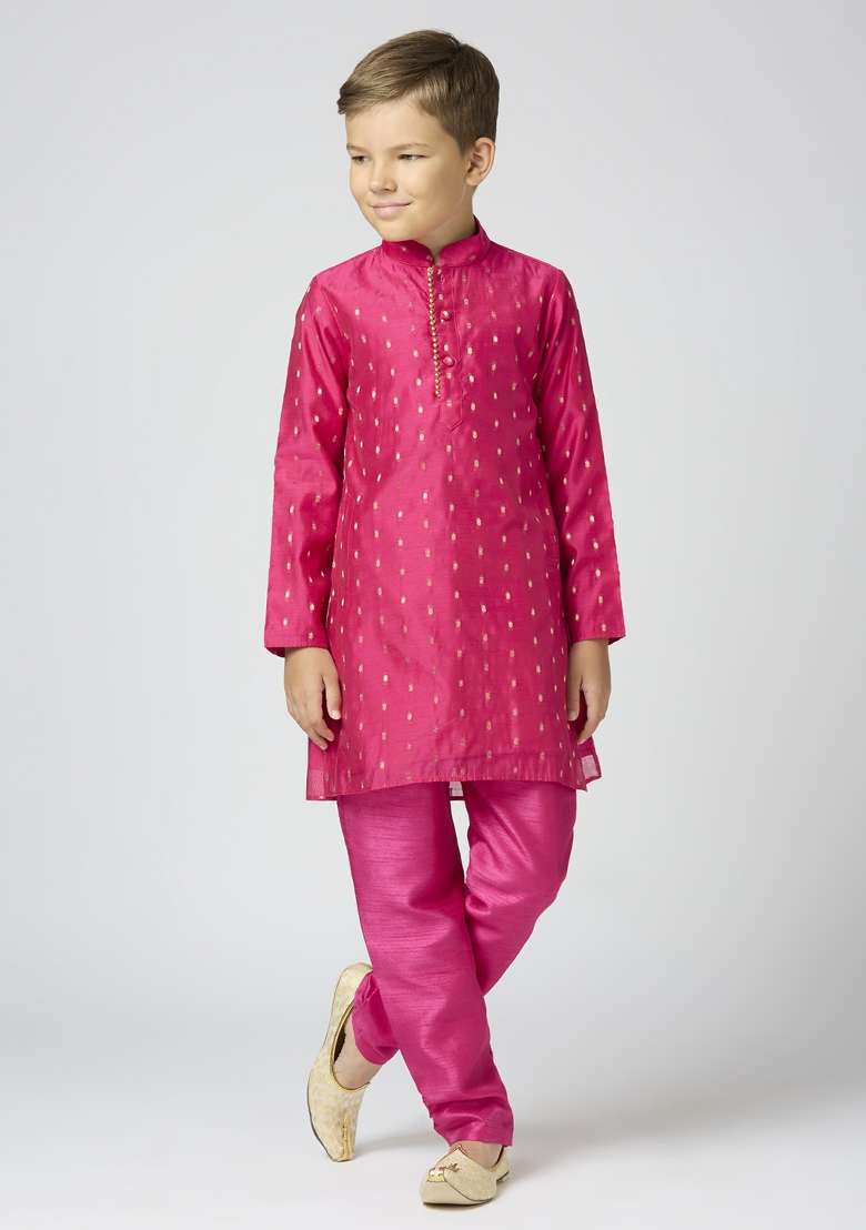 Rani Pink Butta Work Art Silk Kurta Set For Boy - Indya
