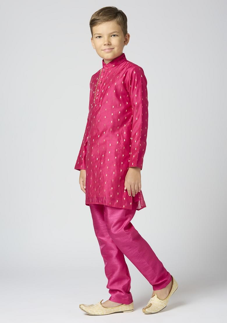 Rani Pink Butta Work Art Silk Kurta Set For Boy