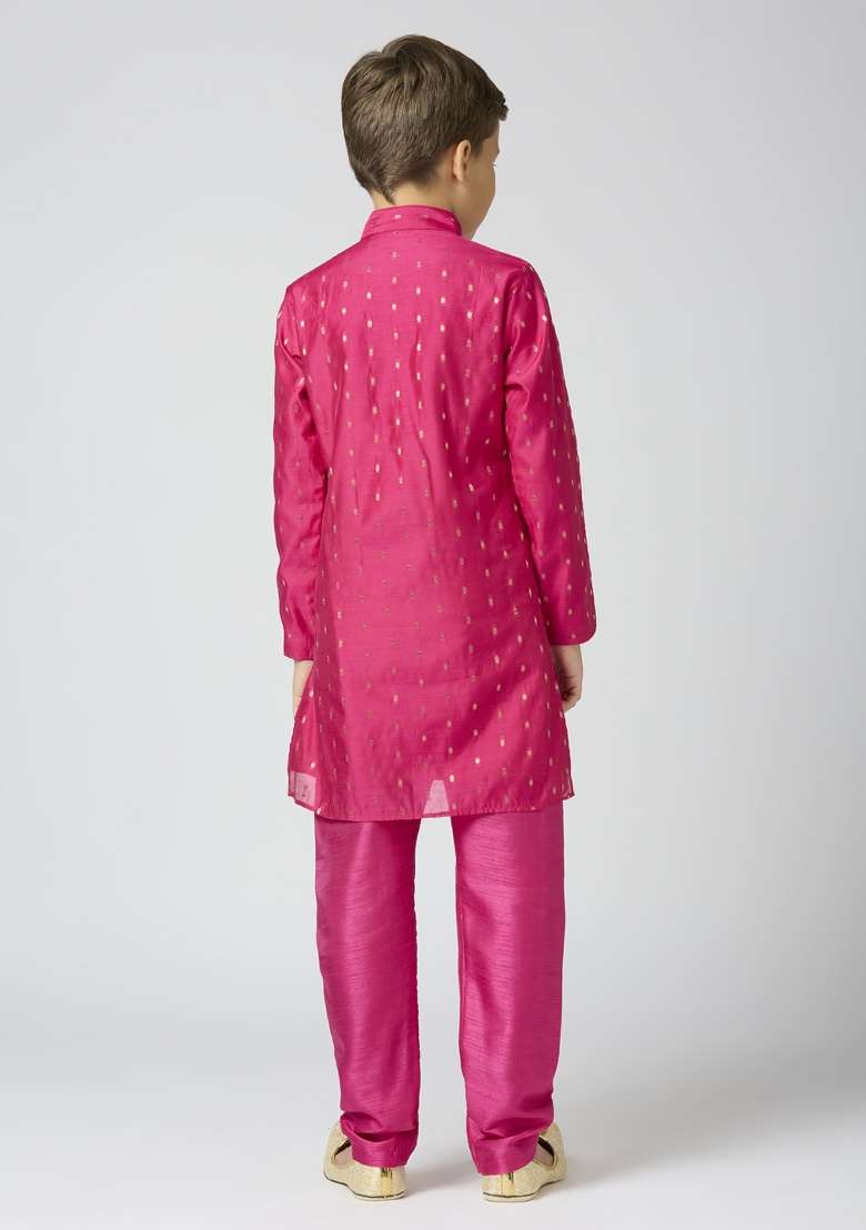 Rani Pink Butta Work Art Silk Kurta Set For Boy - Indya