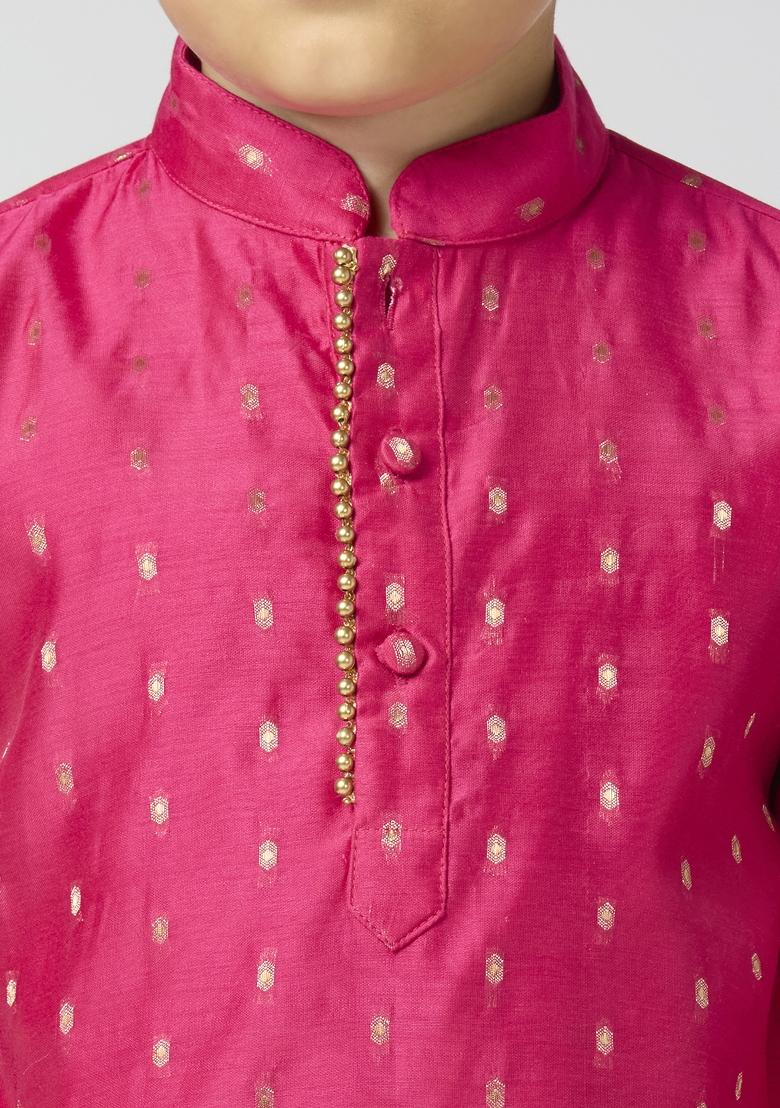 Rani Pink Butta Work Art Silk Kurta Set For Boy