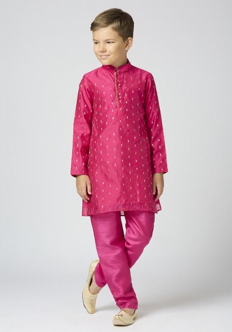 Rani Pink Butta Work Art Silk Kurta Set For Boy