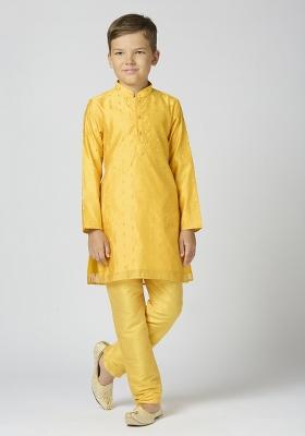 Yellow Butta Work Art Silk Kurta Set For Boy