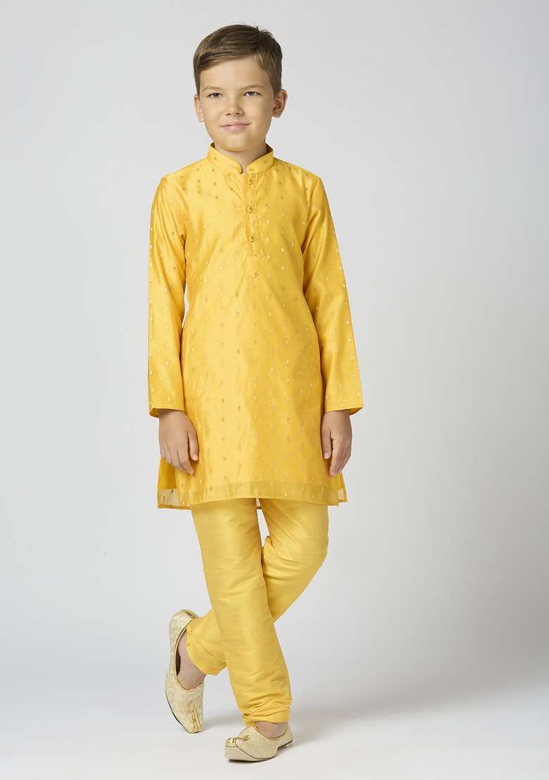 Yellow Butta Work Art Silk Kurta Set For Boy - Indya