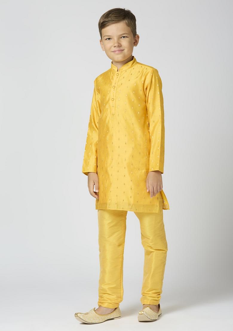 Yellow Butta Work Art Silk Kurta Set For Boy