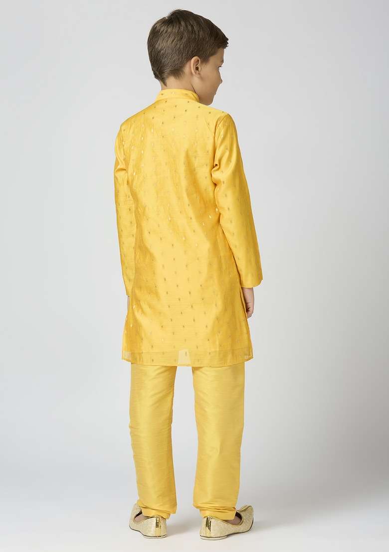 Yellow Butta Work Art Silk Kurta Set For Boy - Indya