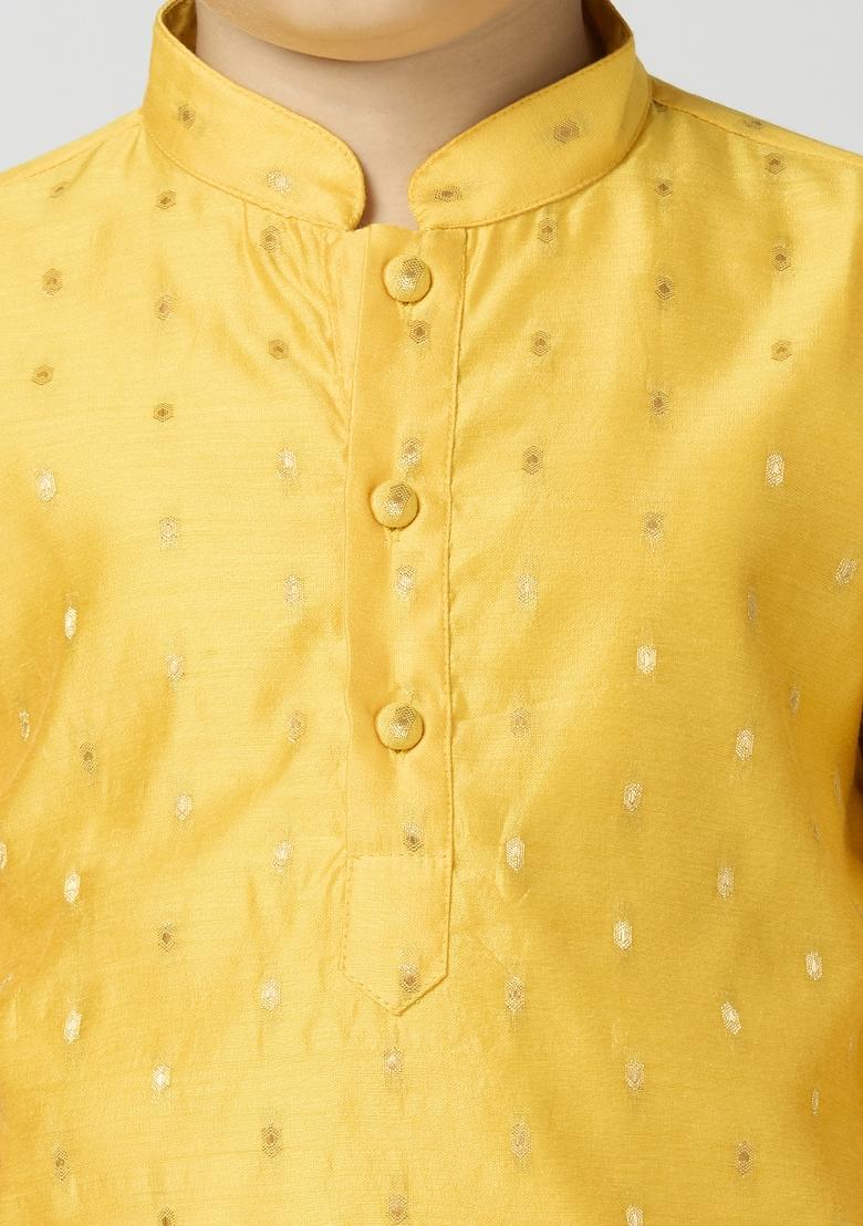 Yellow Butta Work Art Silk Kurta Set For Boy