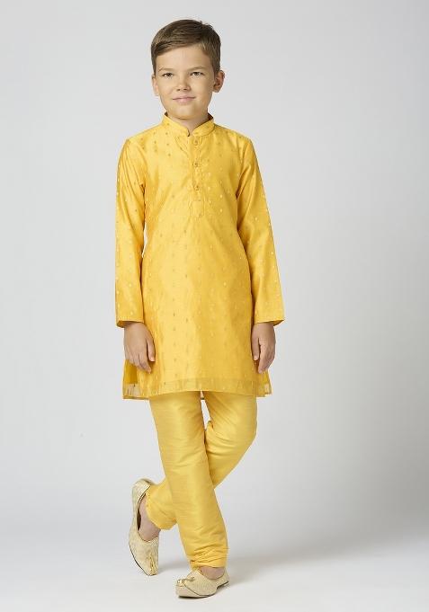 Yellow Butta Work Art Silk Kurta Set For Boy