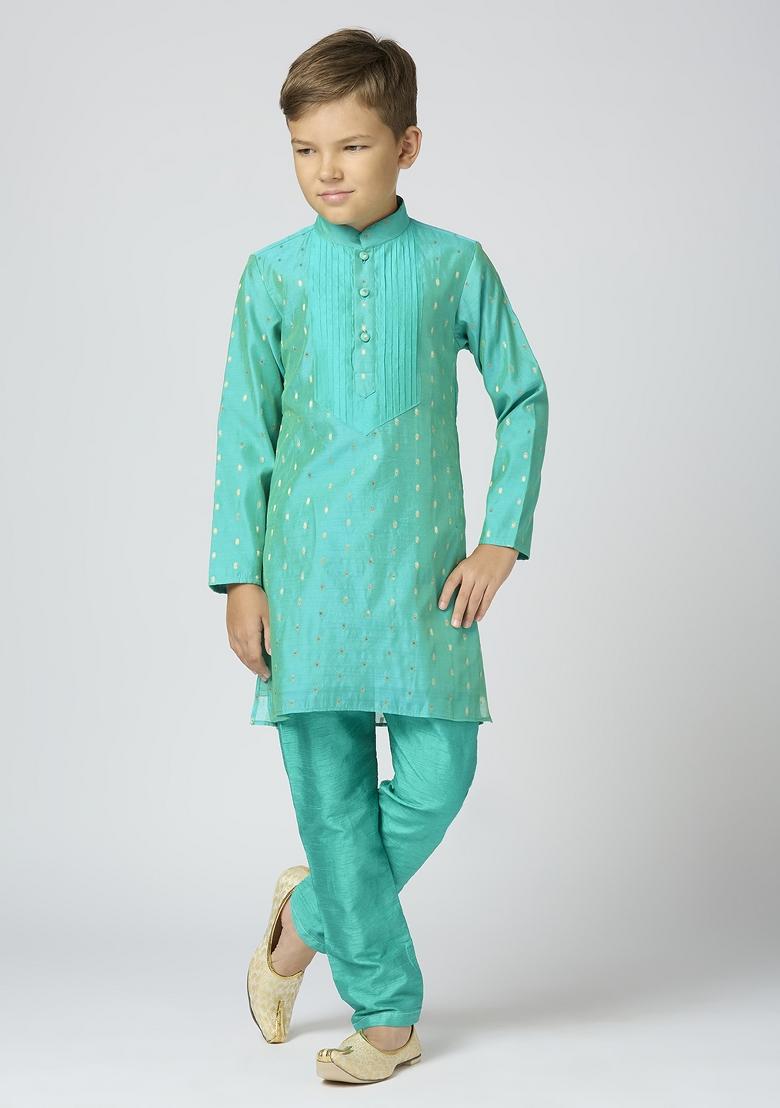 Sea Green Butta Work Art Silk Kurta Set For Boy