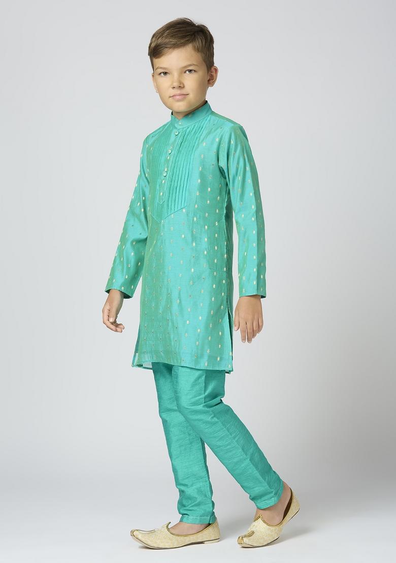 Sea Green Butta Work Art Silk Kurta Set For Boy