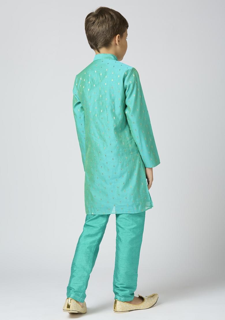 Sea Green Butta Work Art Silk Kurta Set For Boy