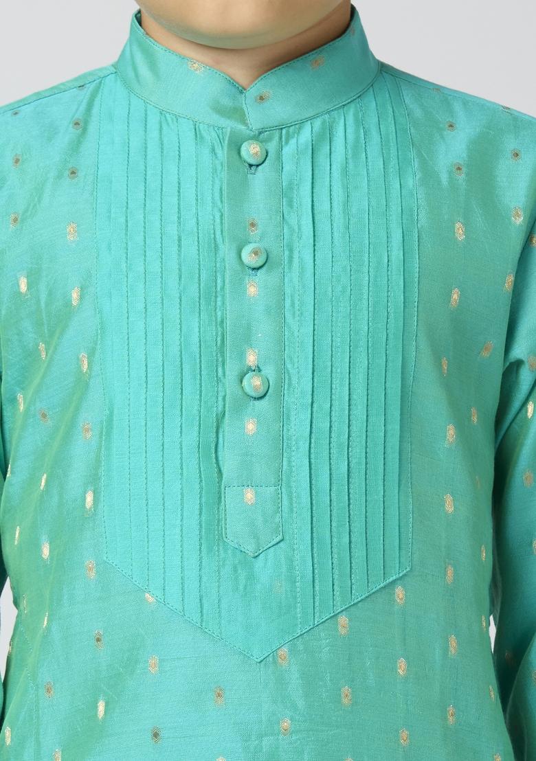 Sea Green Butta Work Art Silk Kurta Set For Boy