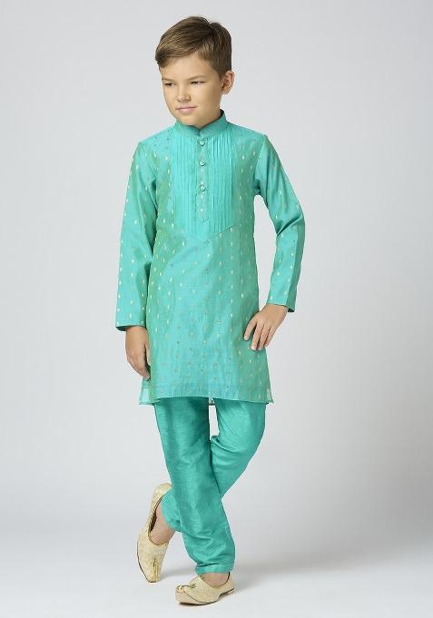 Sea Green Butta Work Art Silk Kurta Set For Boy
