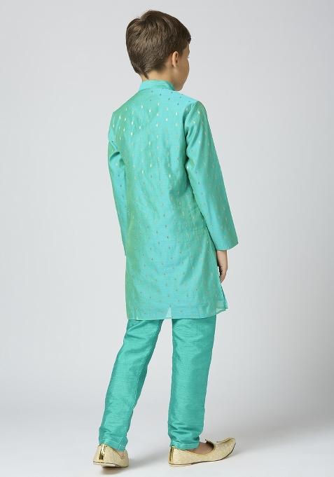 Sea Green Butta Work Art Silk Kurta Set For Boy