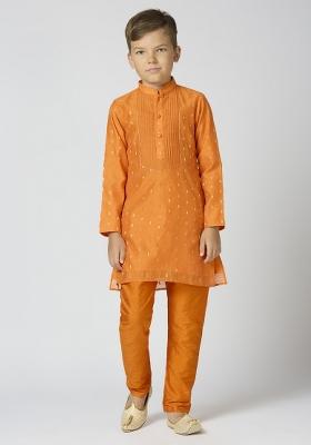 Orange Butta Work Art Silk Kurta Set For Boy
