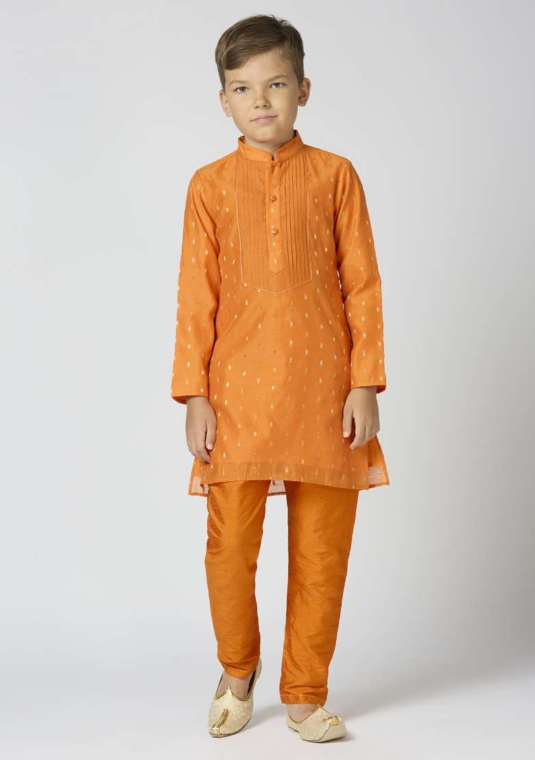Orange Butta Work Art Silk Kurta Set For Boy - Indya